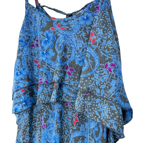 Perry Walker Silk Blend Maxi Slip Dress Blue Floral Ruffle Boho Size 3 Medium - Picture 3 of 9
